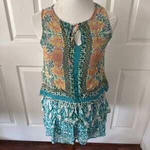 Hemant Nandita Womens 100% Silk Top XSP Petite Tiered Boho Hippie Festival Blue